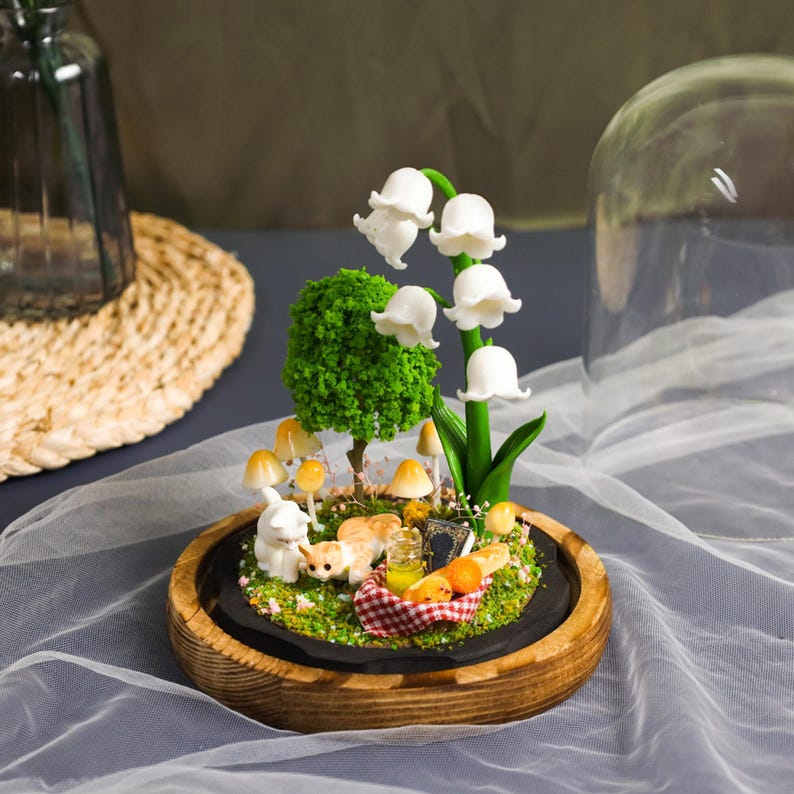 Lily of the Valley Mushroom Lamp with Custom Pet Figurine Christmas Gift For Pet Lovers Unique Home Decor