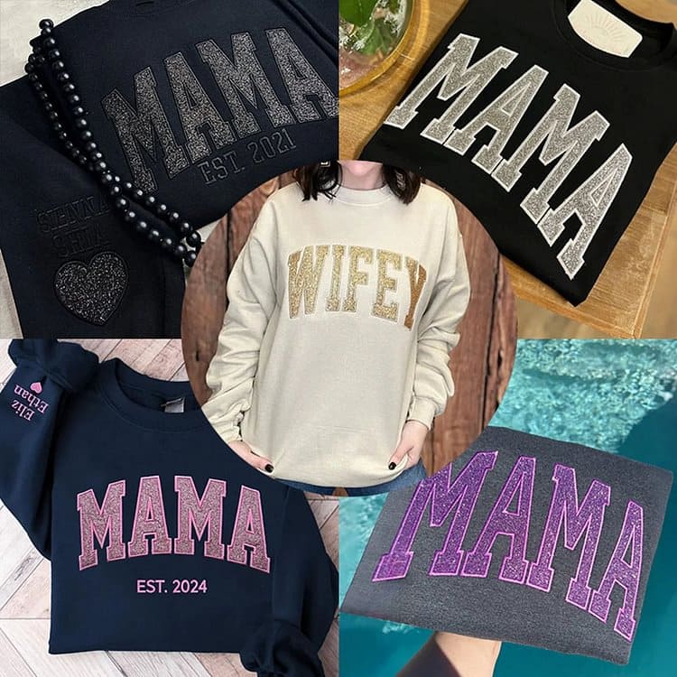 Besticktes MAMA-Sweatshirt mit Rundhalsausschnitt und Kindernamen auf dem Ärmel, Muttertagsgeschenk für Mama