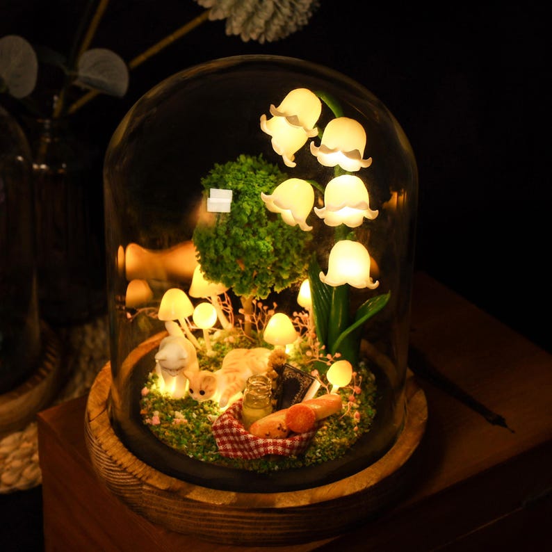 Lily of the Valley Mushroom Lamp with Custom Pet Figurine Christmas Gift For Pet Lovers Unique Home Decor