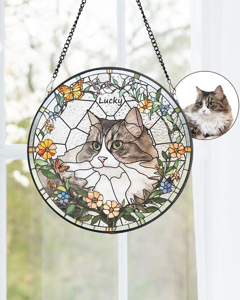 Custom Pet Portrait Stained Glass Suncatcher – Dog or Cat Memorial Gift