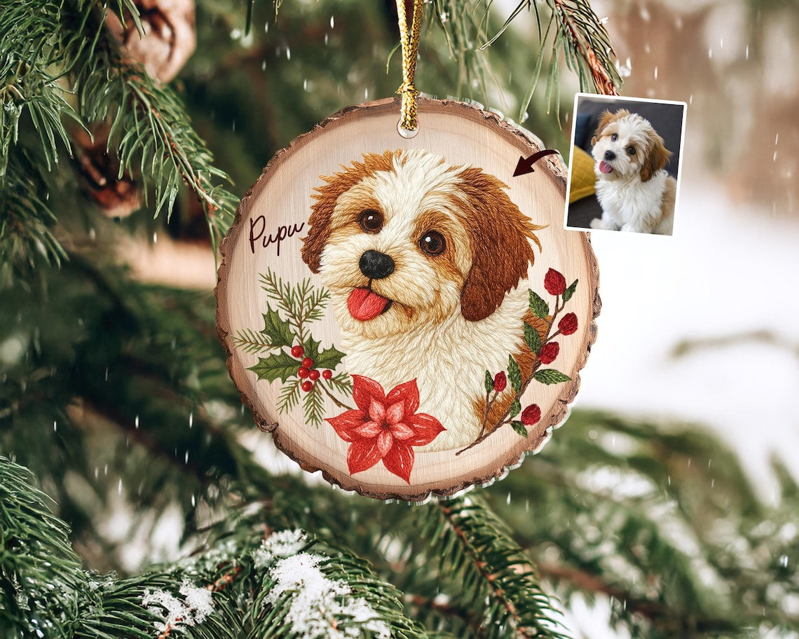 Personalized Embroidered Pet Portrait Wooden Christmas Ornament Christmas Gift for Dog Cat Lovers