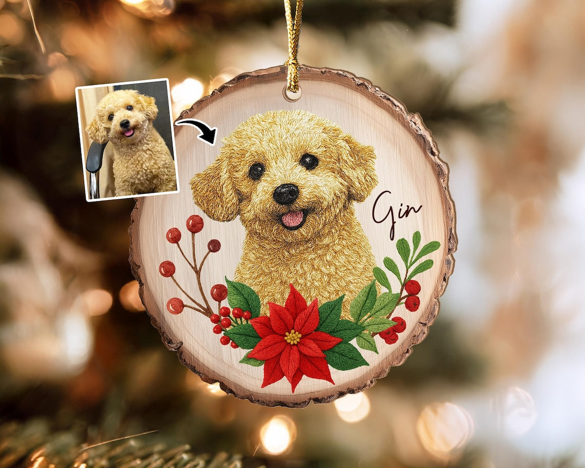 Personalized Embroidered Pet Portrait Wooden Christmas Ornament Christmas Gift for Dog Cat Lovers
