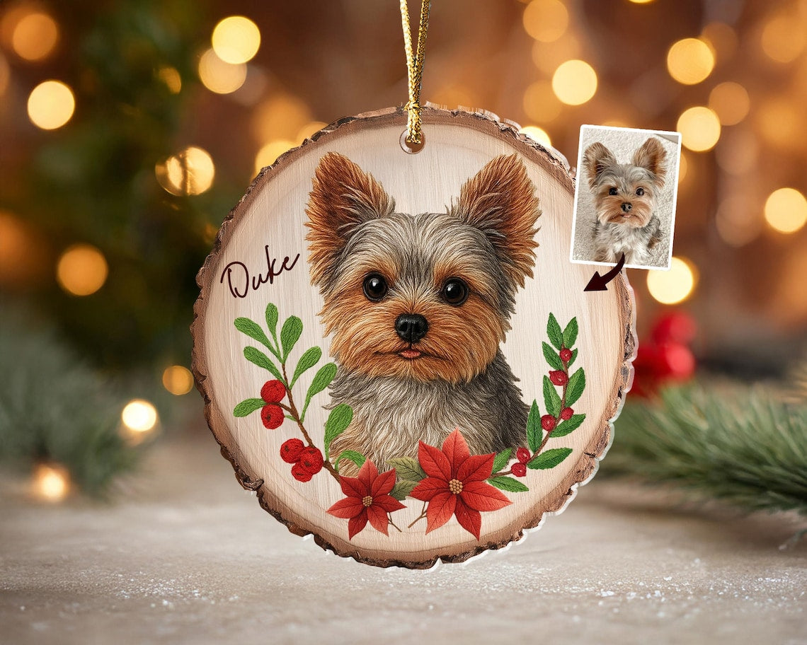 Personalized Embroidered Pet Portrait Wooden Christmas Ornament Christmas Gift for Dog Cat Lovers