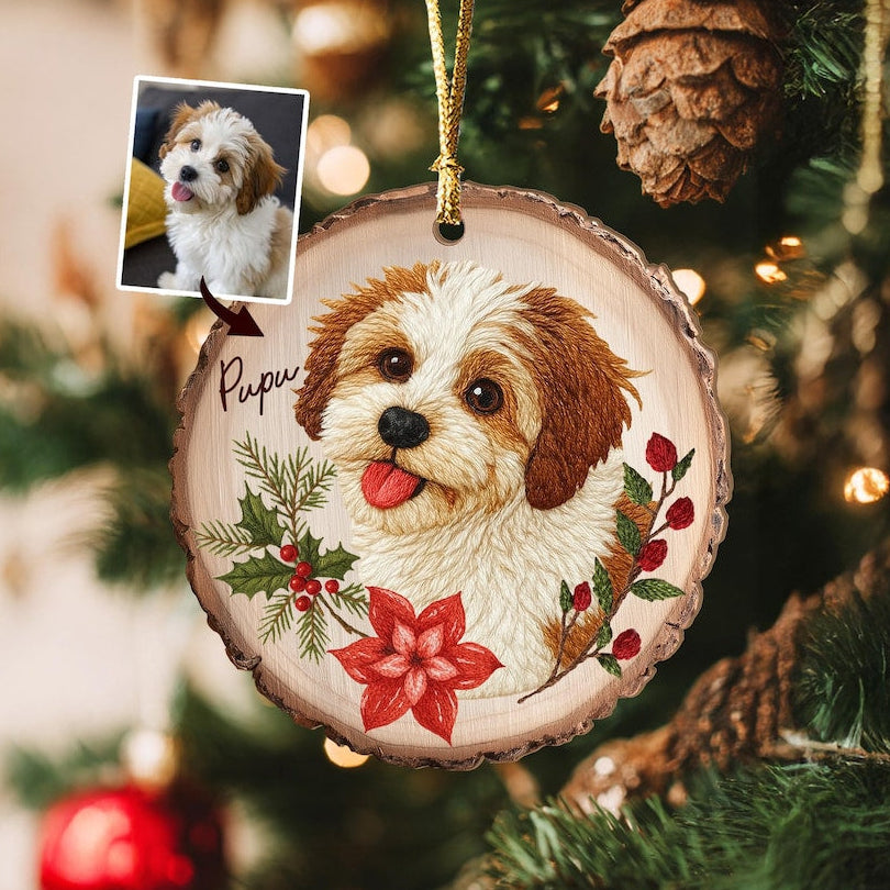 Personalized Embroidered Pet Portrait Wooden Christmas Ornament Christmas Gift for Dog Cat Lovers