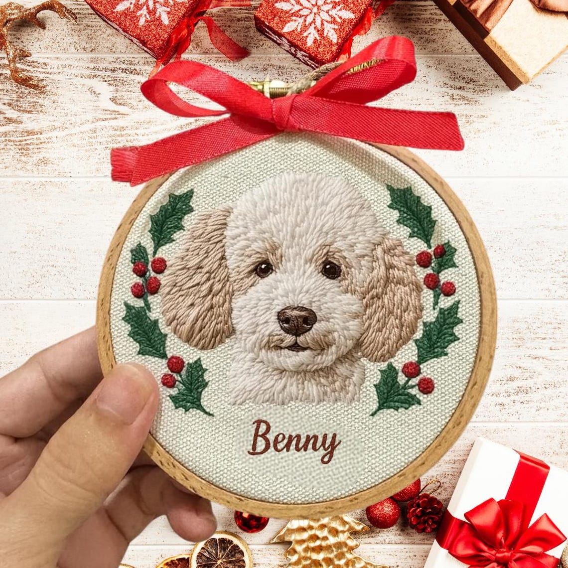 Custom Embroidered Dog Cat Pet Portraitl Ornament Christmas Keepsake Gift for Pet Lovers