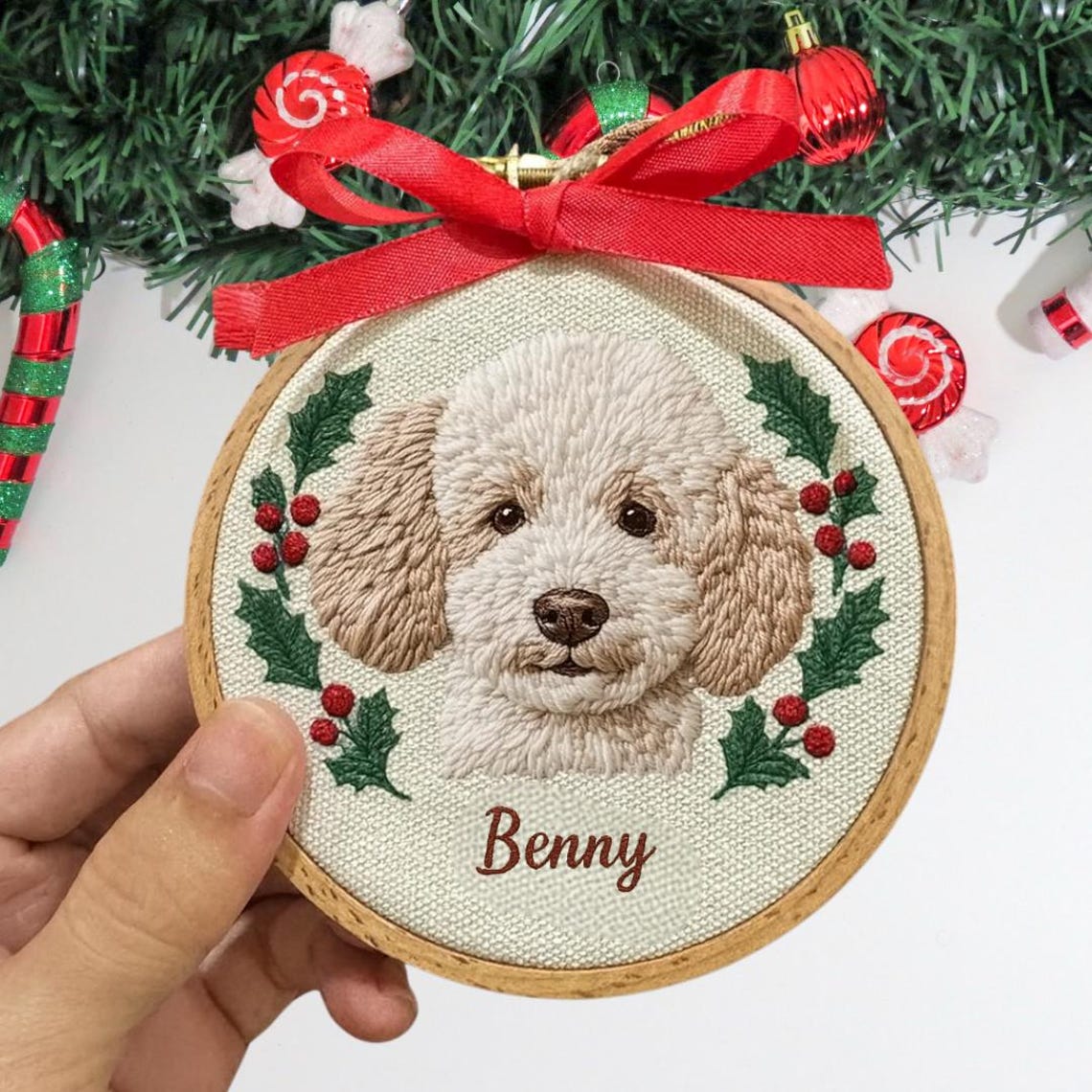 Custom Embroidered Dog Cat Pet Portraitl Ornament Christmas Keepsake Gift for Pet Lovers