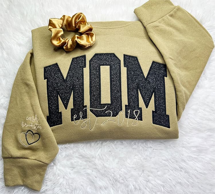Personalized Embroidered Glitter MOM EST Sweatshirt With Kids Names on Sleeve For Mother's Day Gift