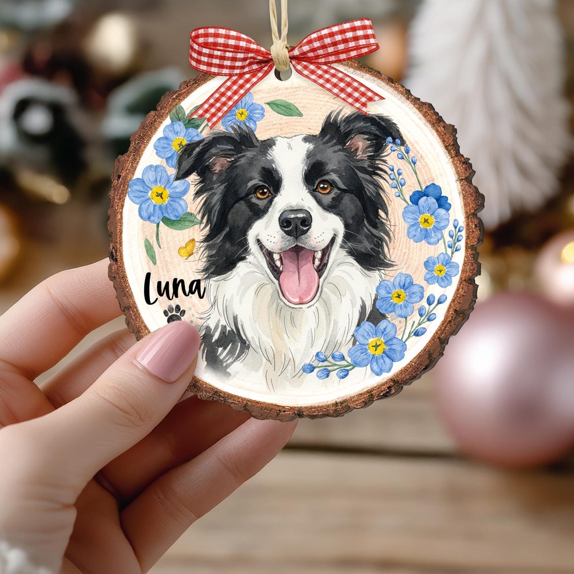 Personalized Watercolor Pet Portrait Wooden Christmas Ornament Christmas Gift for Dog Cat Lovers