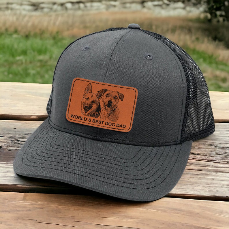 Personalized Dog Dad Portrait Leather Patch Trucker Hat with Photo Father's Day Gift for Dog Lovers