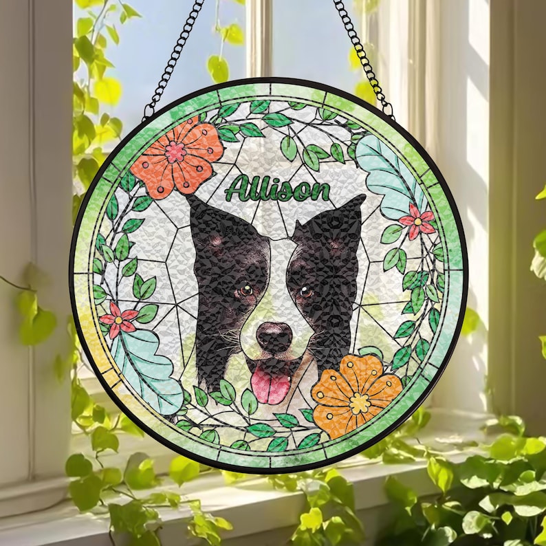 Custom Pet Portrait Stained Glass Suncatcher – Dog or Cat Memorial Gift