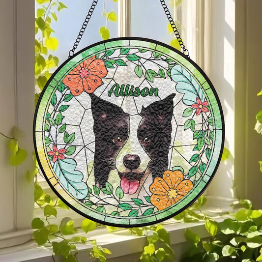 Custom Pet Portrait Stained Glass Suncatcher – Dog or Cat Memorial Gift