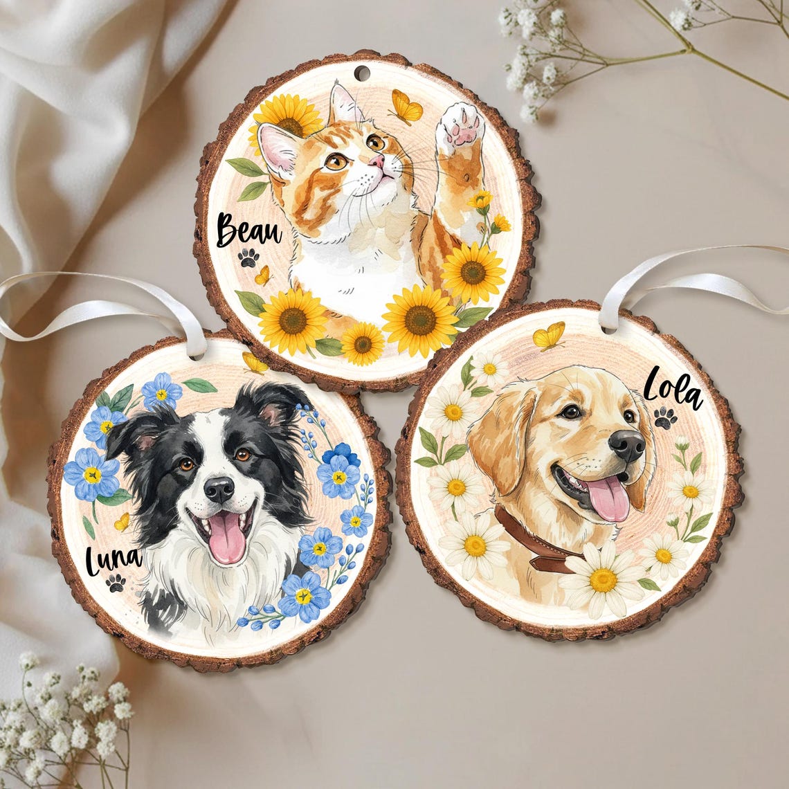 Personalized Watercolor Pet Portrait Wooden Christmas Ornament Christmas Gift for Dog Cat Lovers