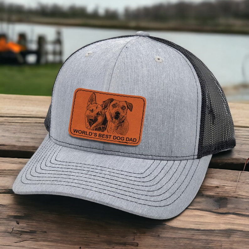 Personalized Dog Dad Portrait Leather Patch Trucker Hat with Photo Father's Day Gift for Dog Lovers