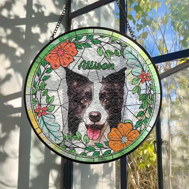 Custom Pet Portrait Stained Glass Suncatcher – Dog or Cat Memorial Gift