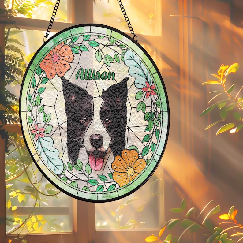 Custom Pet Portrait Stained Glass Suncatcher – Dog or Cat Memorial Gift