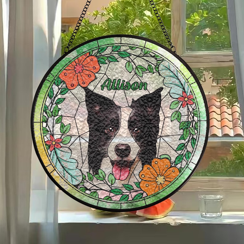 Custom Pet Portrait Stained Glass Suncatcher – Dog or Cat Memorial Gift