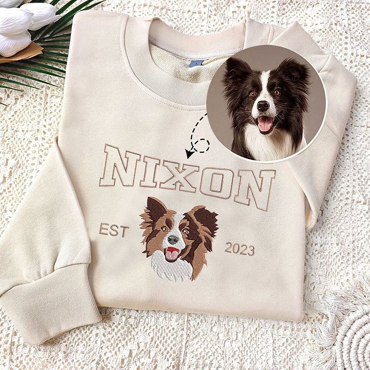 Cara de mascota bordada personalizada y nombre de mascota sudadera retrato de perro bordado cuello redondo regalo amante de las mascotas