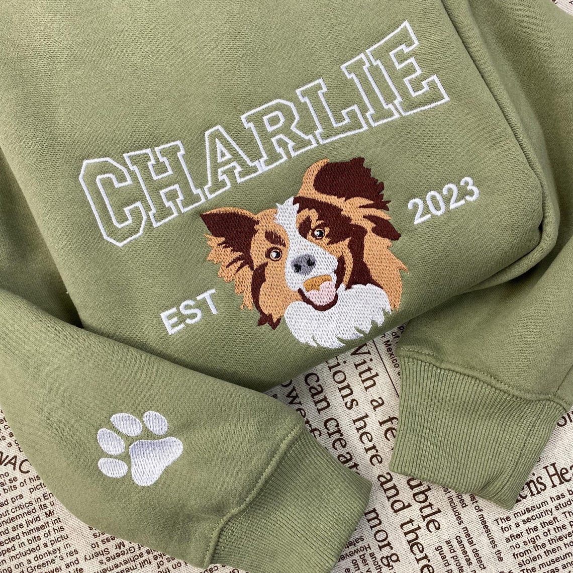 Cara de mascota bordada personalizada y nombre de mascota sudadera retrato de perro bordado cuello redondo regalo amante de las mascotas