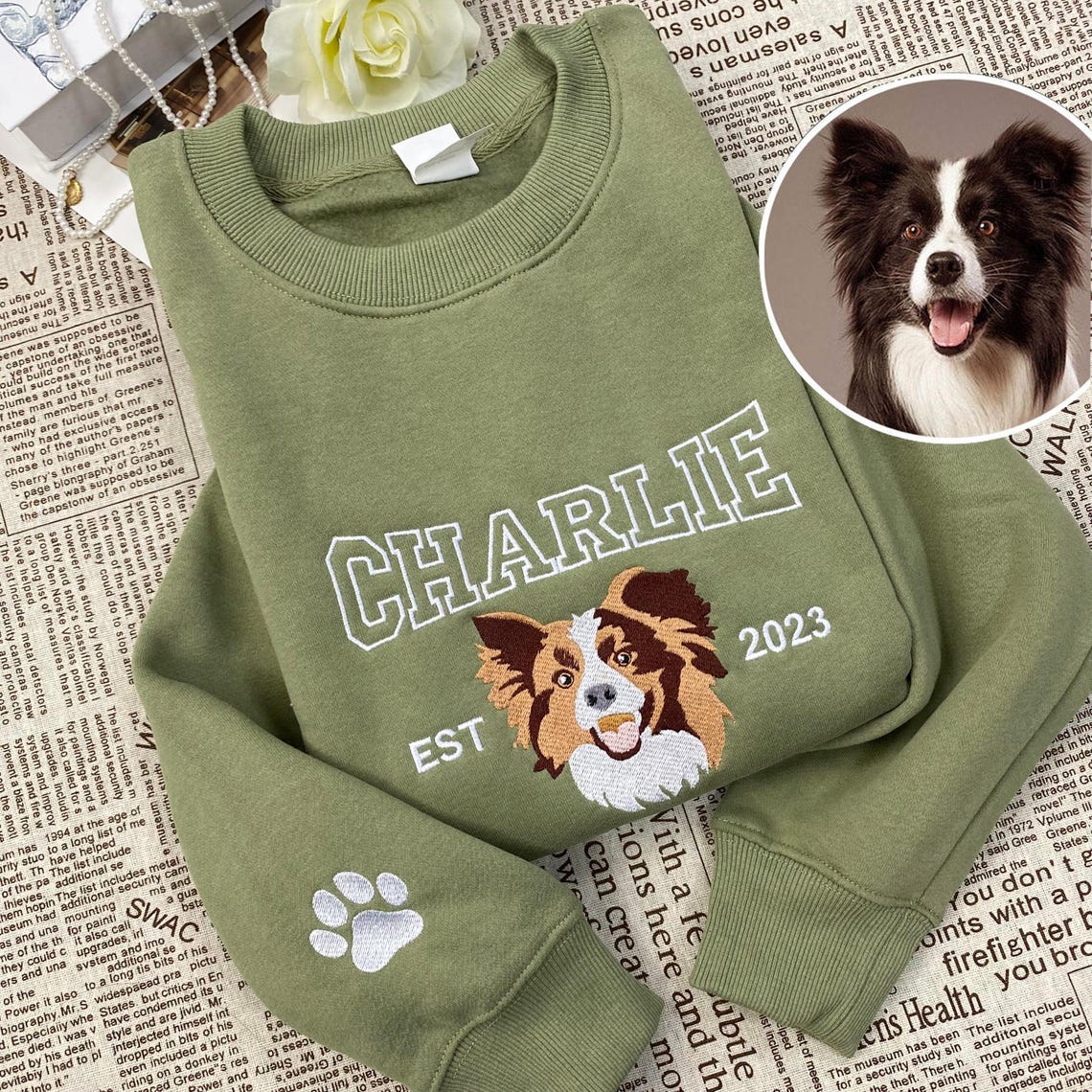 Cara de mascota bordada personalizada y nombre de mascota sudadera retrato de perro bordado cuello redondo regalo amante de las mascotas
