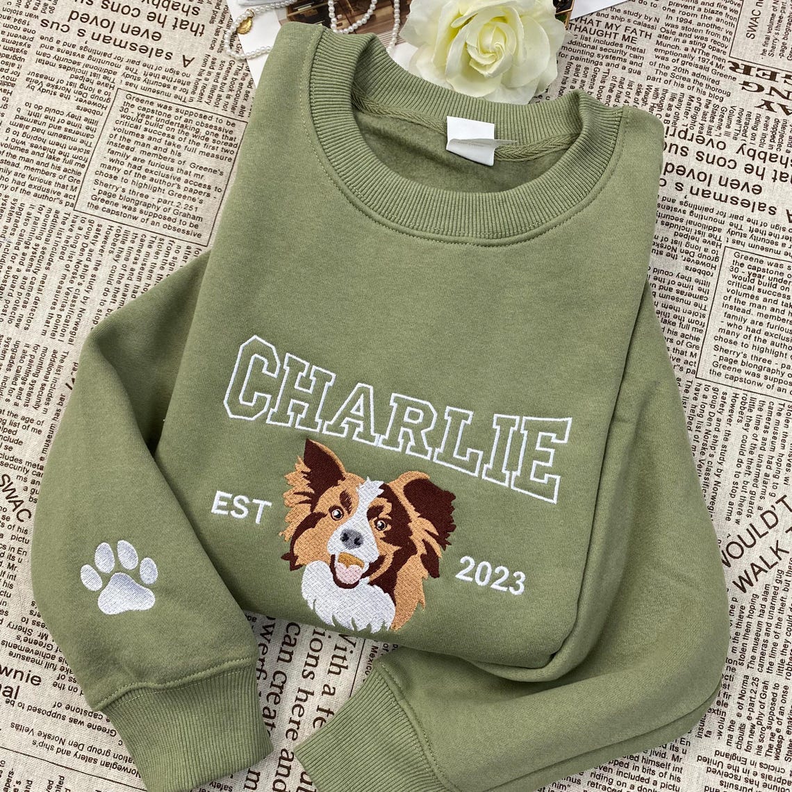 Cara de mascota bordada personalizada y nombre de mascota sudadera retrato de perro bordado cuello redondo regalo amante de las mascotas
