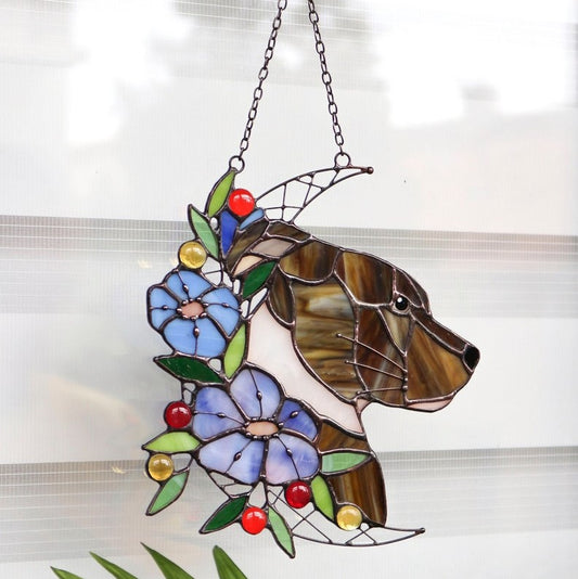 Stained glass moon cat and flowers Custom pet portrait Dog Suncatcher Decor wall and window decor Personalized gift idea