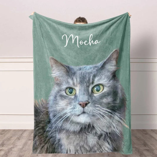 Personalized Cat Photo Portrait Blanket with Name – Custom Christmas Gift for Cat Lovers