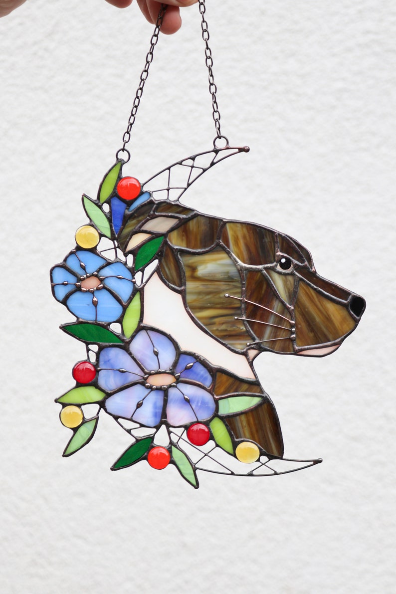 Stained glass moon cat and flowers Custom pet portrait Dog Suncatcher Decor wall and window decor Personalized gift idea