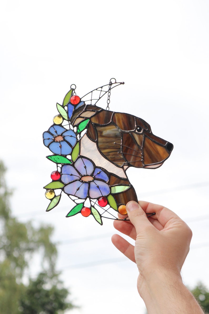 Stained glass moon cat and flowers Custom pet portrait Dog Suncatcher Decor wall and window decor Personalized gift idea