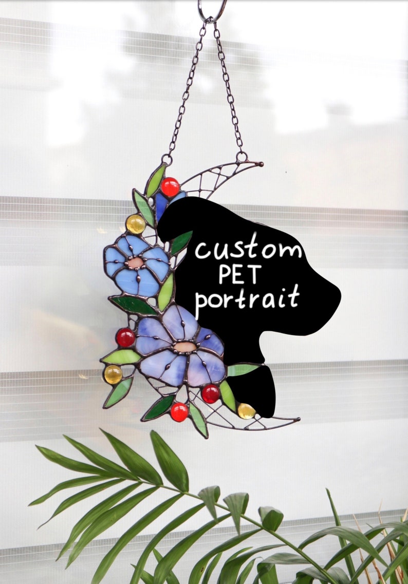 Stained glass moon cat and flowers Custom pet portrait Dog Suncatcher Decor wall and window decor Personalized gift idea