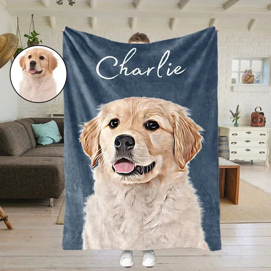 Custom Pet Photo Blanket with Name – Christmas Keepsake Gift for Dog & Cat Lovers