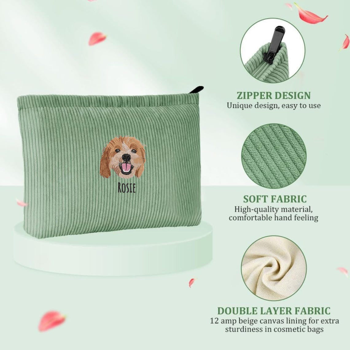 Trousse de maquillage personnalisée avec portrait d'animal brodé – Trousse de maquillage personnalisée en velours côtelé pour mamans de chiens et de chats, cadeau d'anniversaire pour femmes