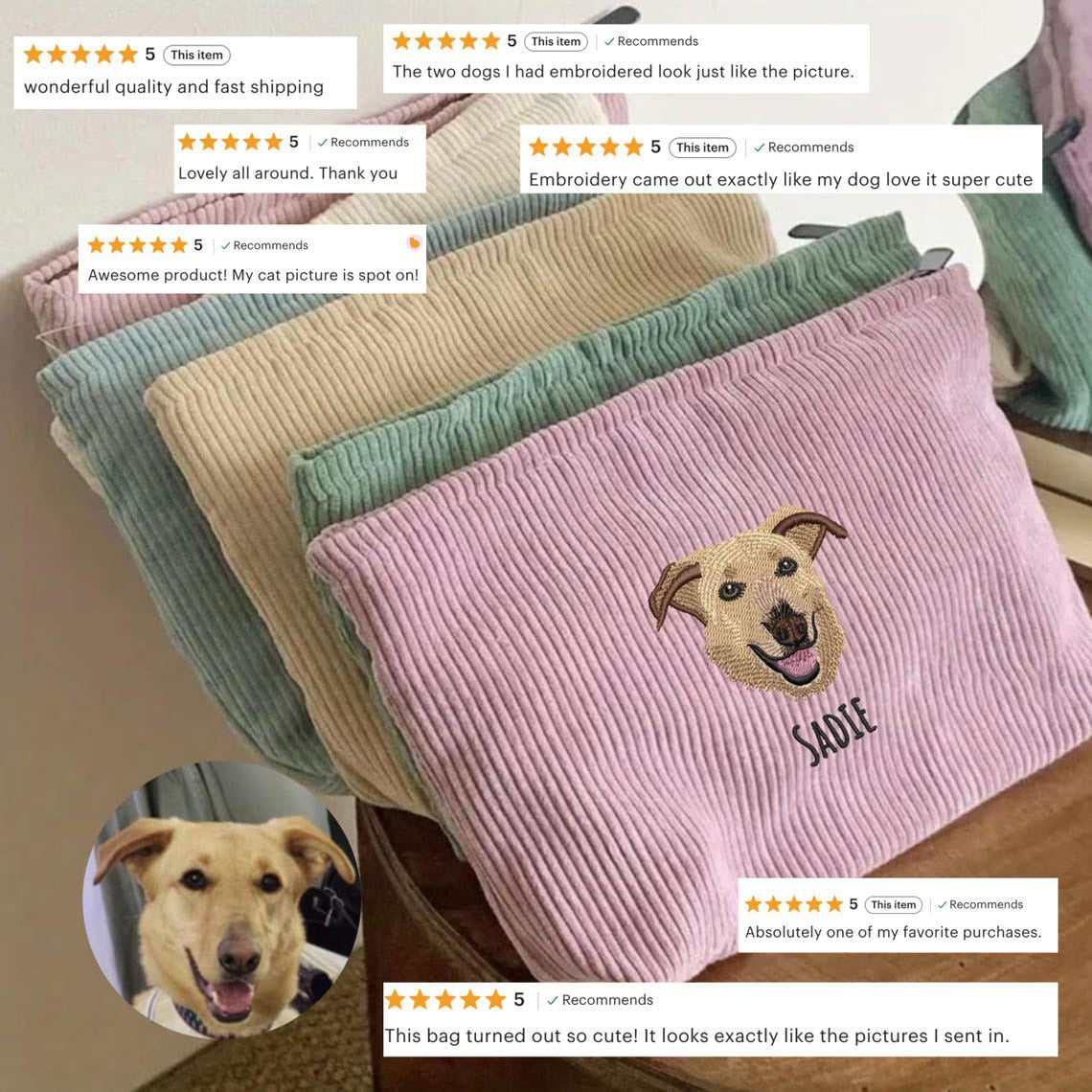 Trousse de maquillage personnalisée avec portrait d'animal brodé – Trousse de maquillage personnalisée en velours côtelé pour mamans de chiens et de chats, cadeau d'anniversaire pour femmes