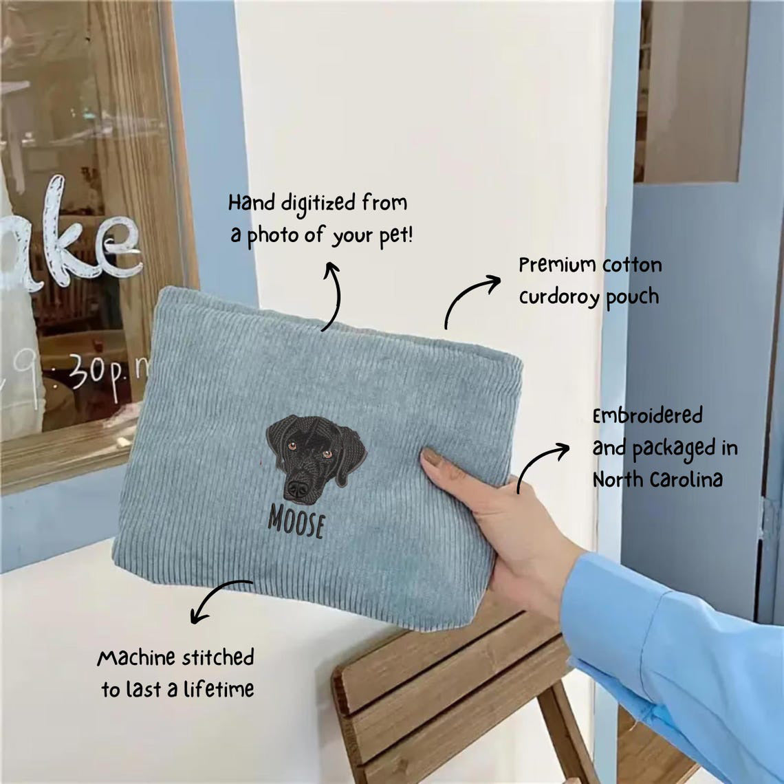 Trousse de maquillage personnalisée avec portrait d'animal brodé – Trousse de maquillage personnalisée en velours côtelé pour mamans de chiens et de chats, cadeau d'anniversaire pour femmes