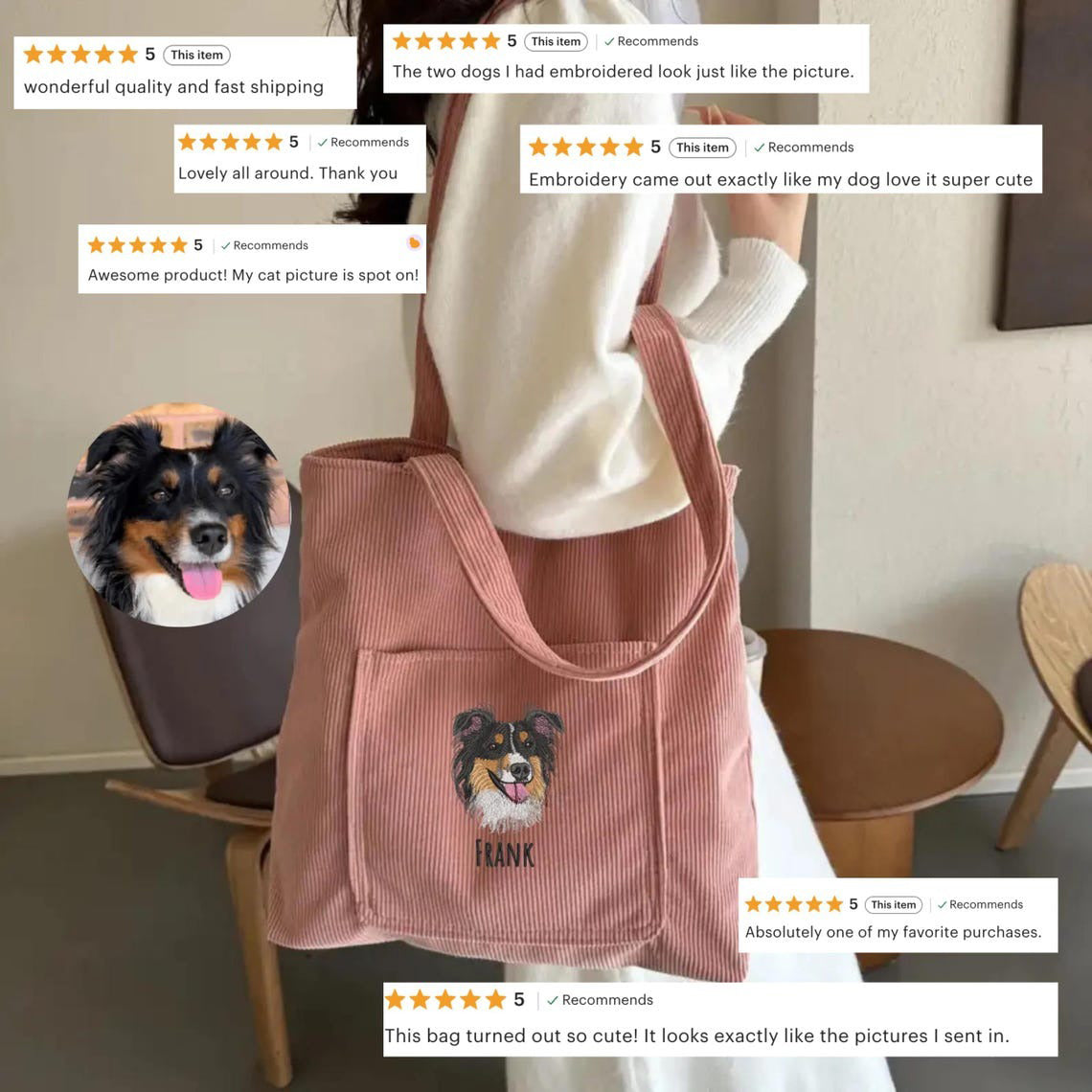 Sac fourre-tout en velours côtelé brodé personnalisé pour animaux de compagnie – Cadeau unique pour les amoureux des chiens ou des chats