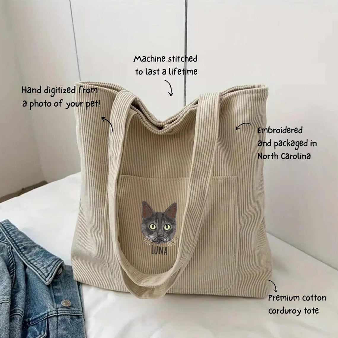 Sac fourre-tout en velours côtelé brodé personnalisé pour animaux de compagnie – Cadeau unique pour les amoureux des chiens ou des chats