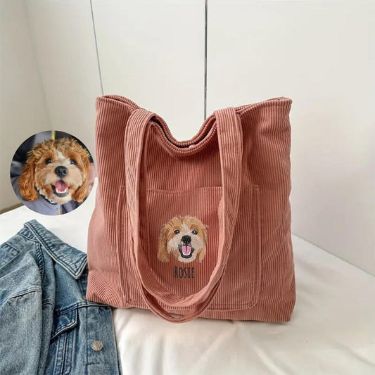 Sac fourre-tout en velours côtelé brodé personnalisé pour animaux de compagnie – Cadeau unique pour les amoureux des chiens ou des chats