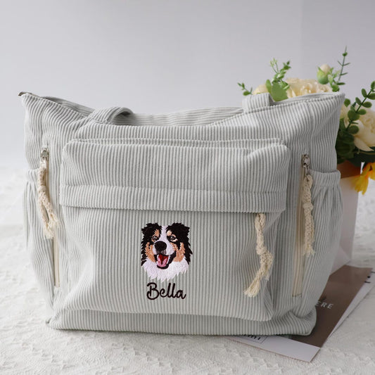 Sac fourre-tout personnalisé avec portrait d'animal brodé – Sac en velours côtelé personnalisé pour les amoureux des chiens et des chats, cadeau de Noël pour maman d'animaux