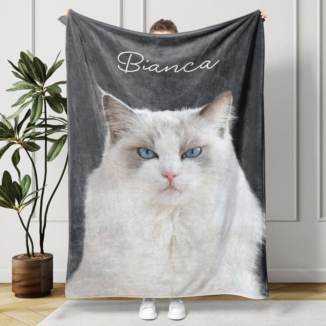 Personalized Cat Photo Portrait Blanket with Name – Custom Christmas Gift for Cat Lovers