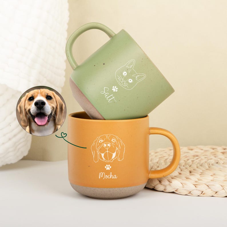 Personalized Dog & Cat Face Portrait Pottery Mug – Custom Pet Mug for Dog Moms, Pet Lovers & Christmas Keepsake