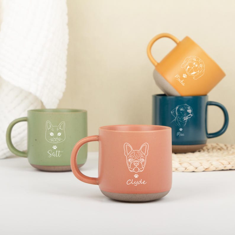 Personalized Dog & Cat Face Portrait Pottery Mug – Custom Pet Mug for Dog Moms, Pet Lovers & Christmas Keepsake
