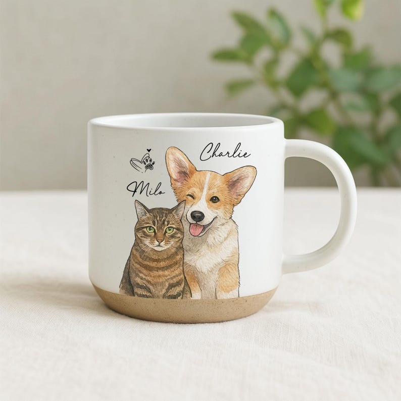 Personalized Watercolor Photo Pet Pottery Mug – Perfect Christmas Gift for Cat Dog Lovers