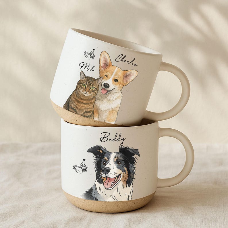 Personalized Watercolor Photo Pet Pottery Mug – Perfect Christmas Gift for Cat Dog Lovers