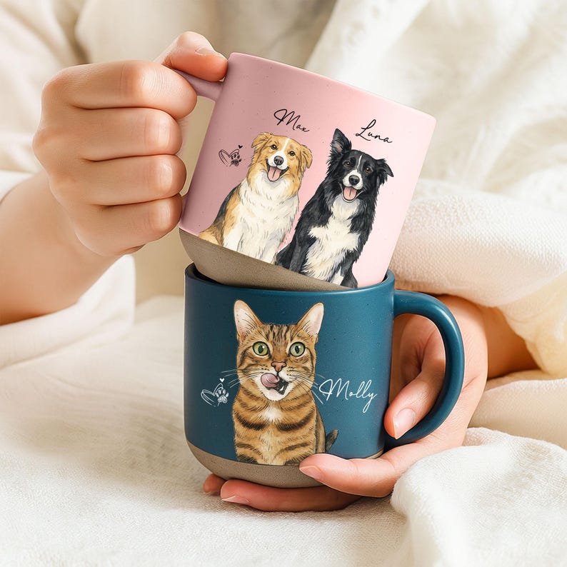 Personalized Watercolor Photo Pet Pottery Mug – Perfect Christmas Gift for Cat Dog Lovers