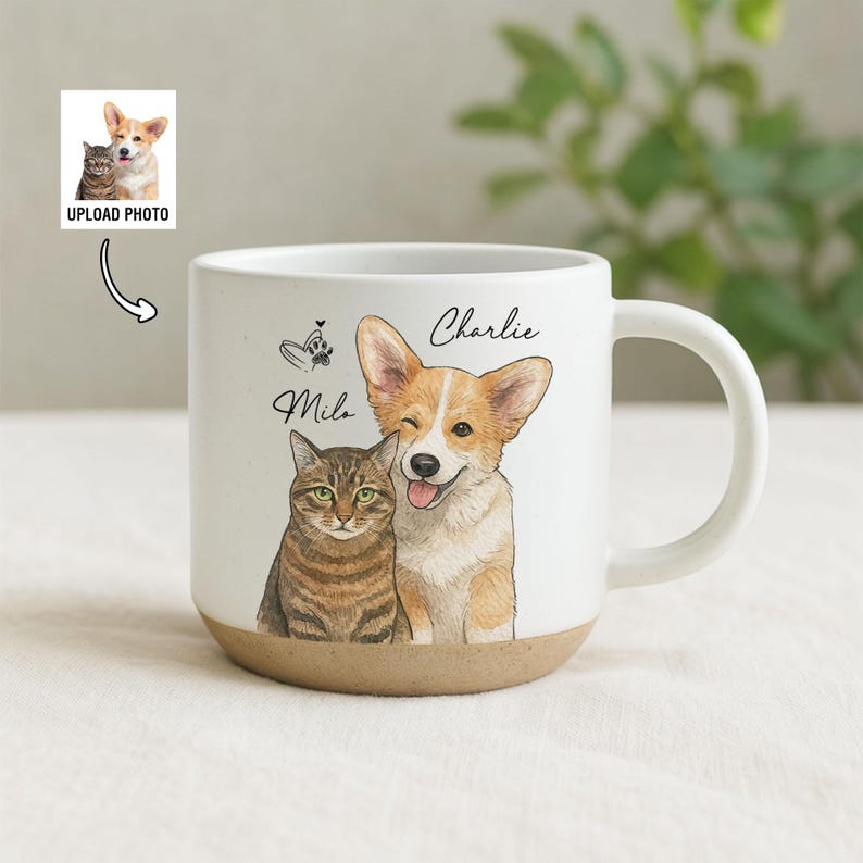 Personalized Watercolor Photo Pet Pottery Mug – Perfect Christmas Gift for Cat Dog Lovers