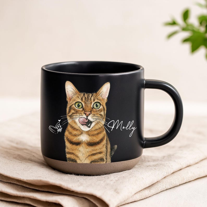 Personalized Watercolor Photo Pet Pottery Mug – Perfect Christmas Gift for Cat Dog Lovers
