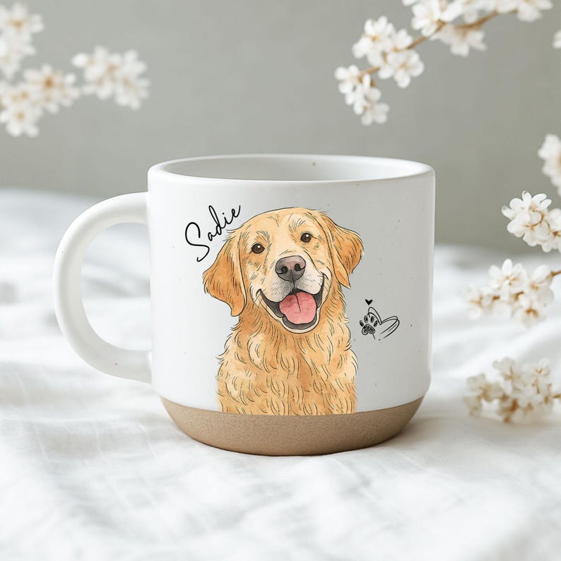 Personalized Watercolor Photo Pet Pottery Mug – Perfect Christmas Gift for Cat Dog Lovers