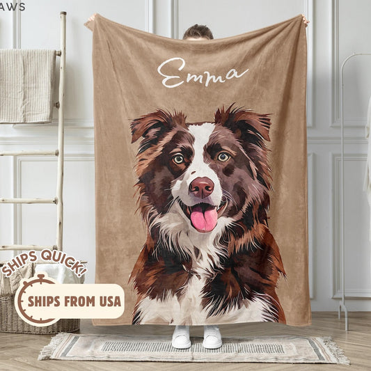 Personalized Pet Photo Portrait Blanket with Name – Custom Cat & Dog Christmas Keepsake Gift for Pet Lovers