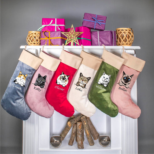 Personalized Embroidered Pet Cat Christmas Stocking with Name Gifts for Cat Owners Christmas Gift for Pet Lovers