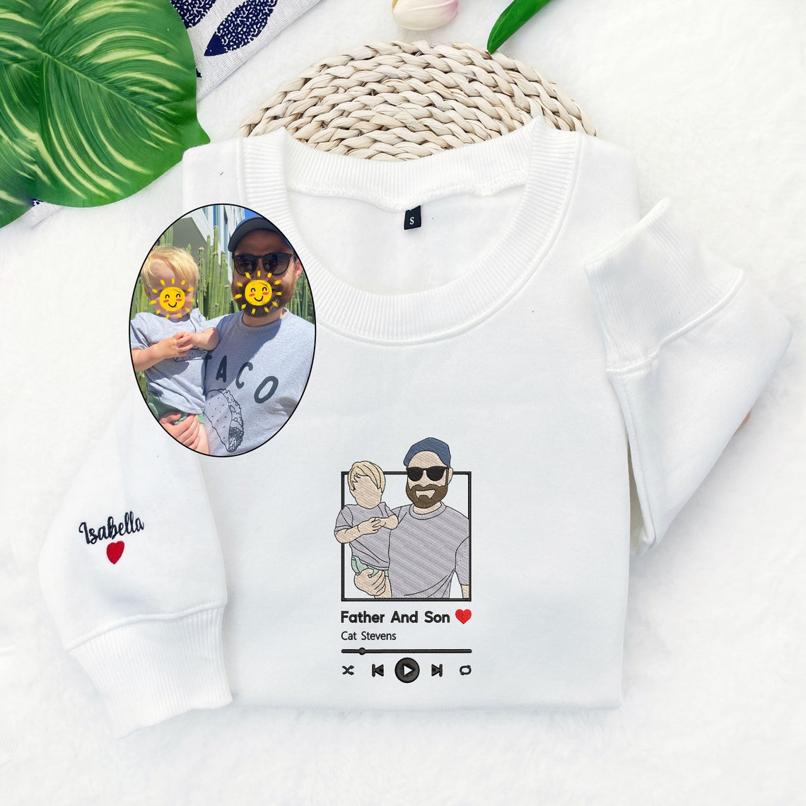 Personalisiertes besticktes Sweatshirt Portrait Musikspieler Vatertagsgeschenk für Papa