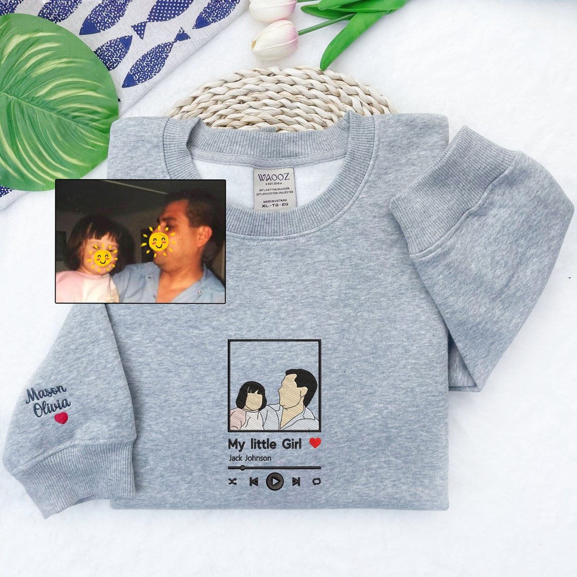 Personalisiertes besticktes Sweatshirt Portrait Musikspieler Vatertagsgeschenk für Papa